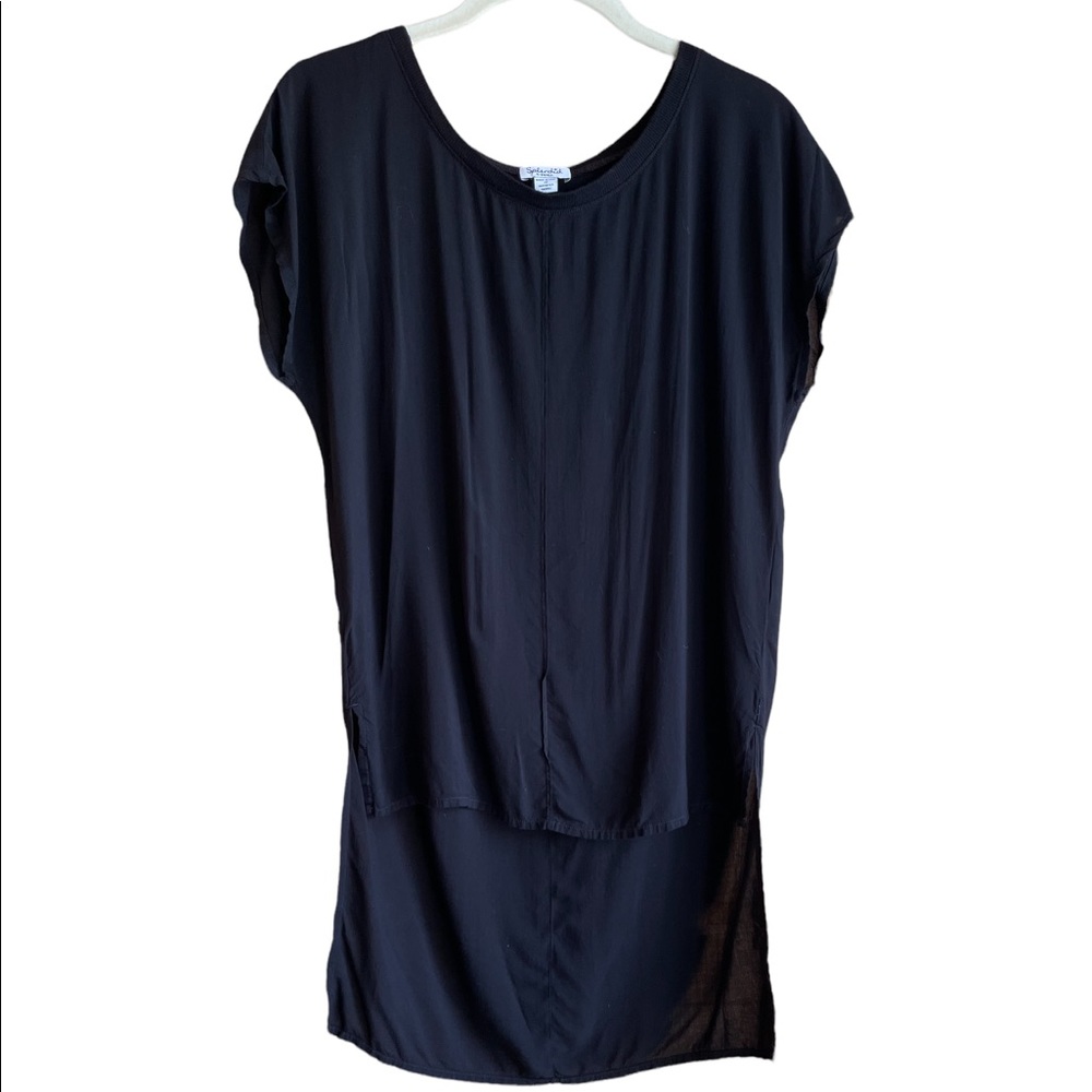 Black asymmetrical hi-lo top with shirt-sleeves. Sz XS. Splendid brand.